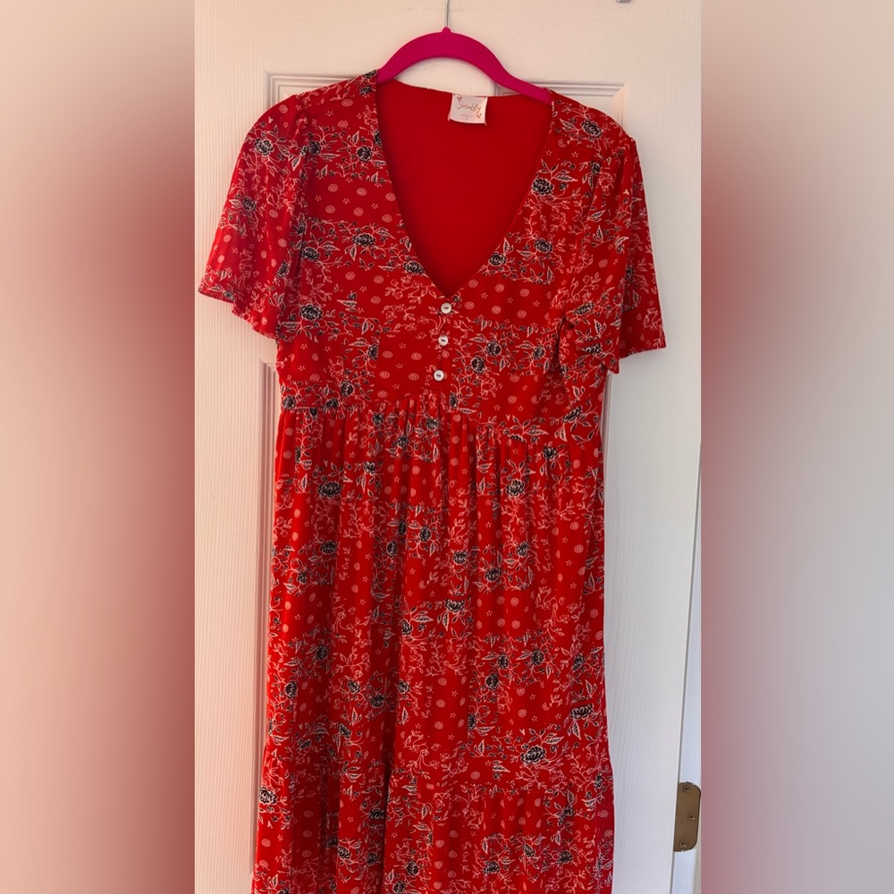 Boho Cottagecore Floral Red V-Neck Dress L